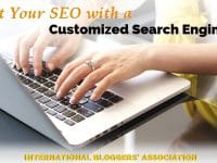 hands typing on a laptop with text overlay "Boost your SEO with a Customized Search Engine