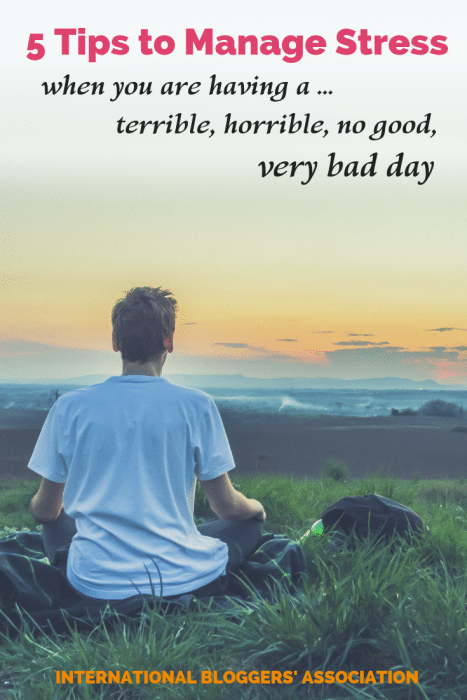 man in lotus position with text overlay "5 tips for managing stress when you are having a terrible horrible no good very bad day."