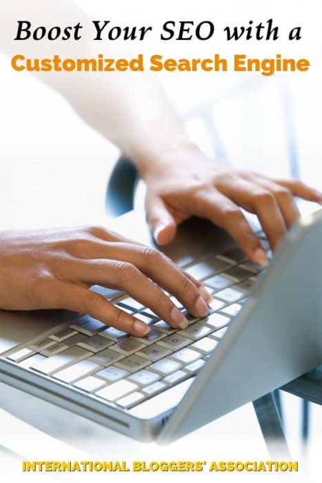 hands typing on a laptop with text overlay "Boost your SEO with a Customized Search Engine